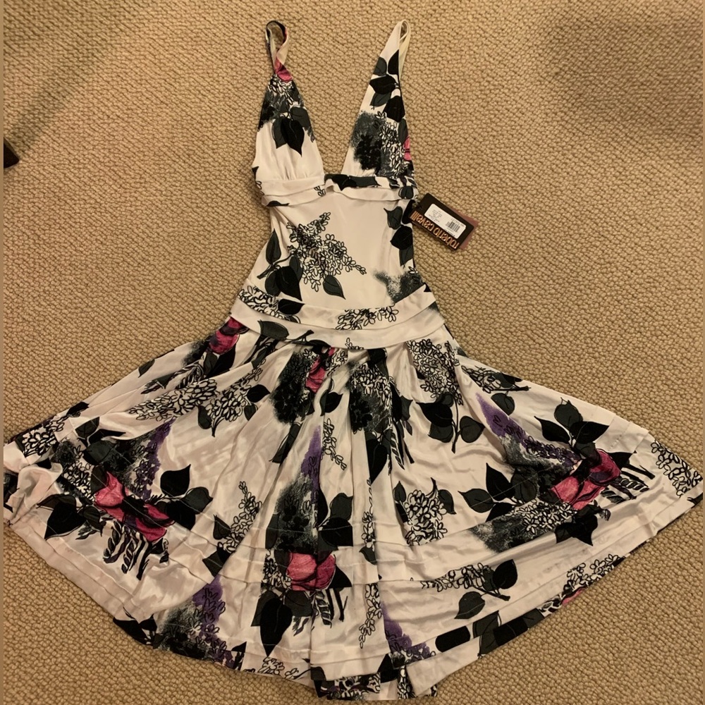 ROBERTO CAVALLI Womens White Floral Print Deep V-Neck Dress 38 NEW